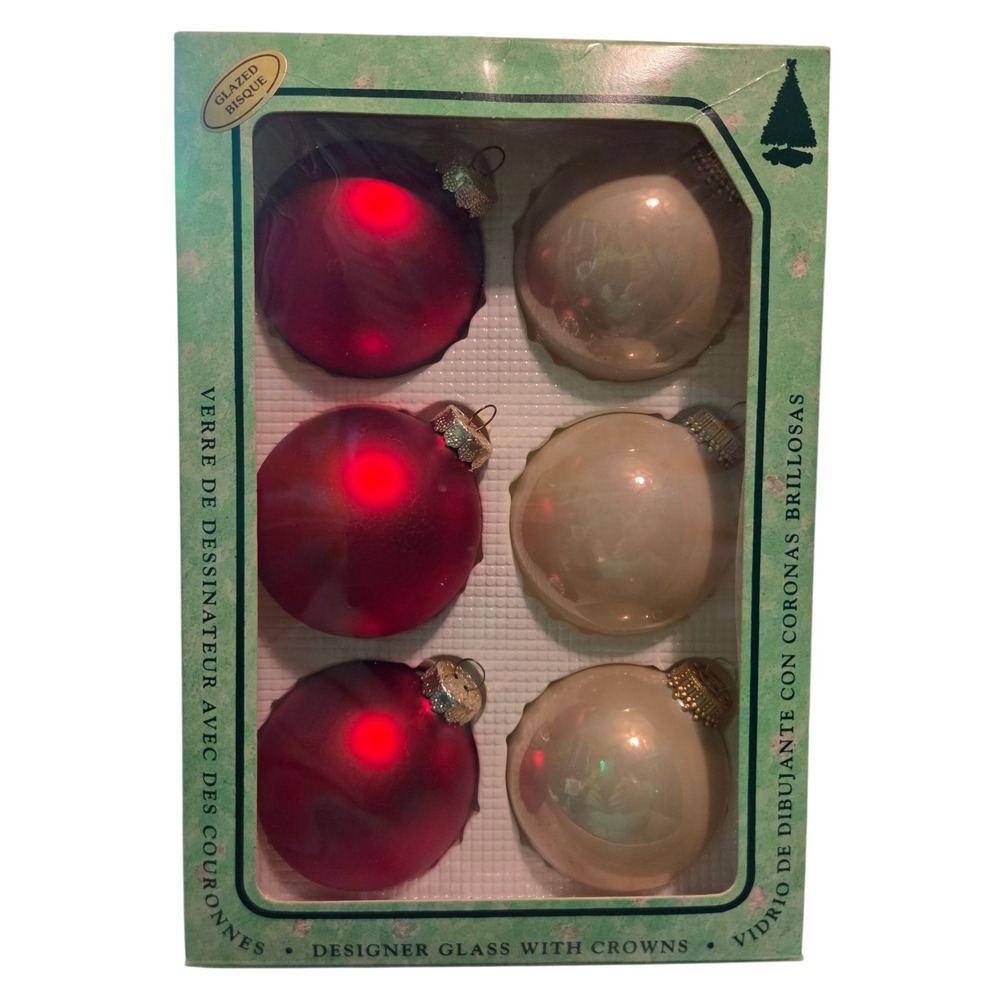 Vintage Rauch & Krebs Christmas Ornaments Red Satin Glazed Bisque Glass 6ct 2.5"